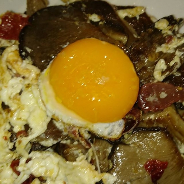 Delicious tapa in Ronda. Egg with iberico ham and